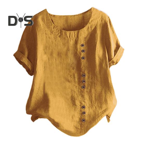 

Женские летние топы, свободная футболка с круглым вырезом и короткими рукавами, сплошной цвет, декор с пуговицами, повседневные пуловеры, топы, повседневная одежда XL жёлтый