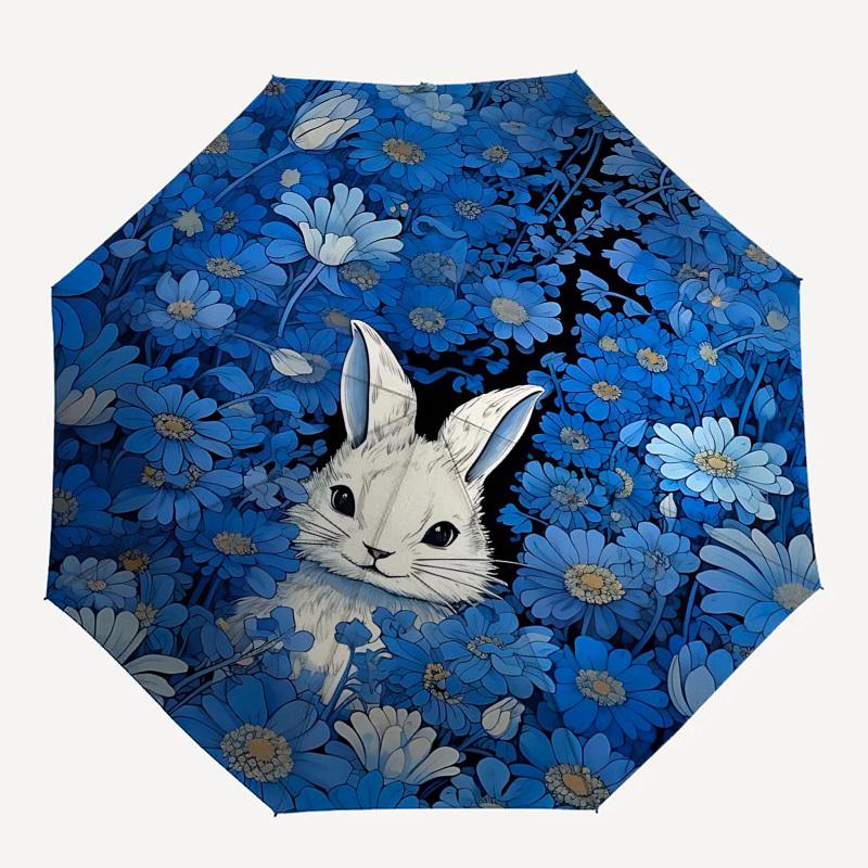 

1pc rabbit blue flowersOpen/Close Umbrella-Windproof, Compact Travel Umbrella, Sturdy 8-Rib Shaft, Outdoor Accessory, 1053