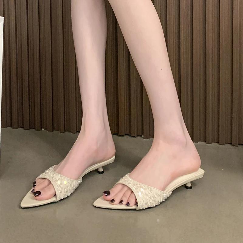 Women's Summer Low Heel Sequin Slippers Elegant Open Toe Party Dress Shoes Fashion Outdoor Ladies Slides