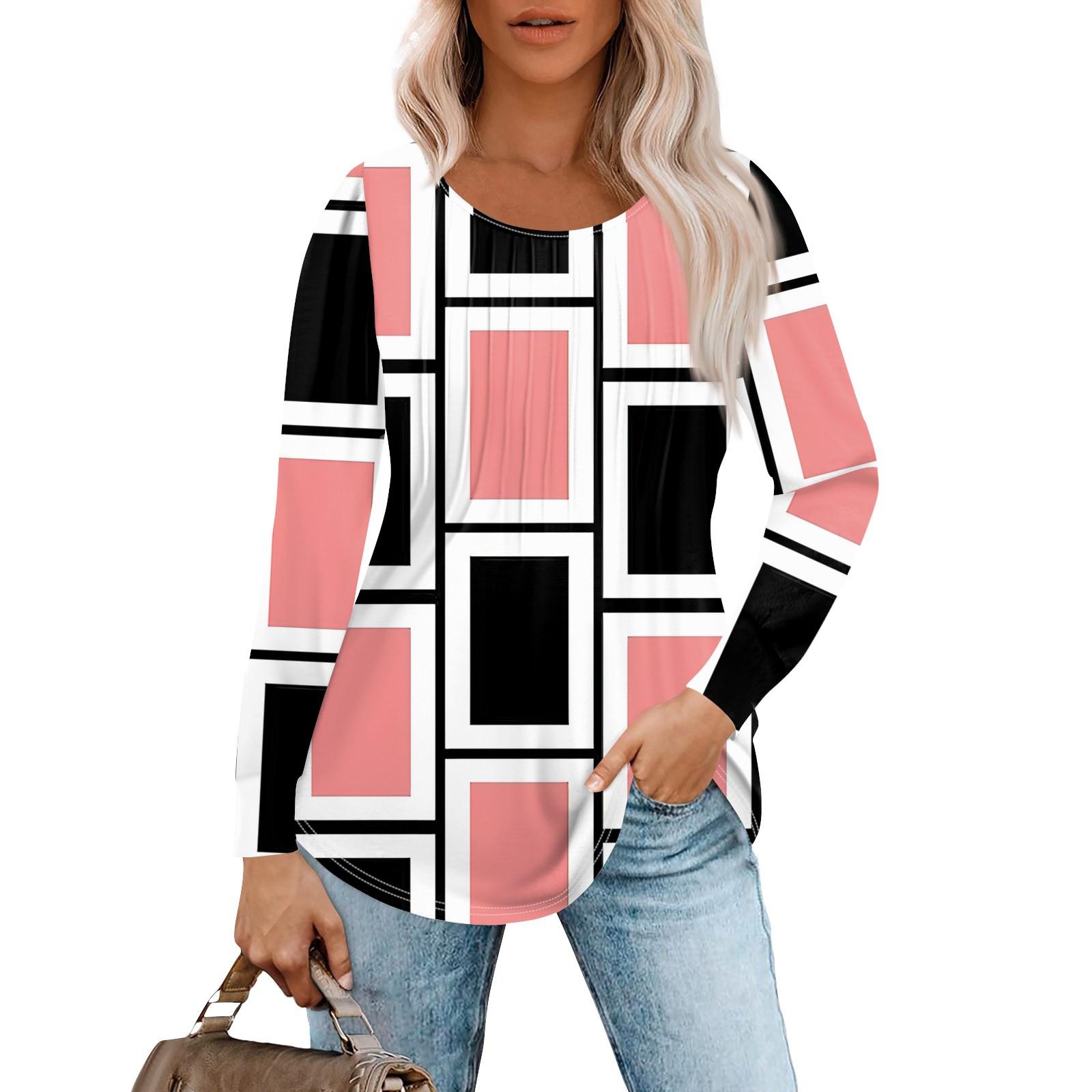 

Женские повседневные топы, полосатая плиссированная футболка с круглым вырезом и длинным рукавом с принтом XXL чёрный