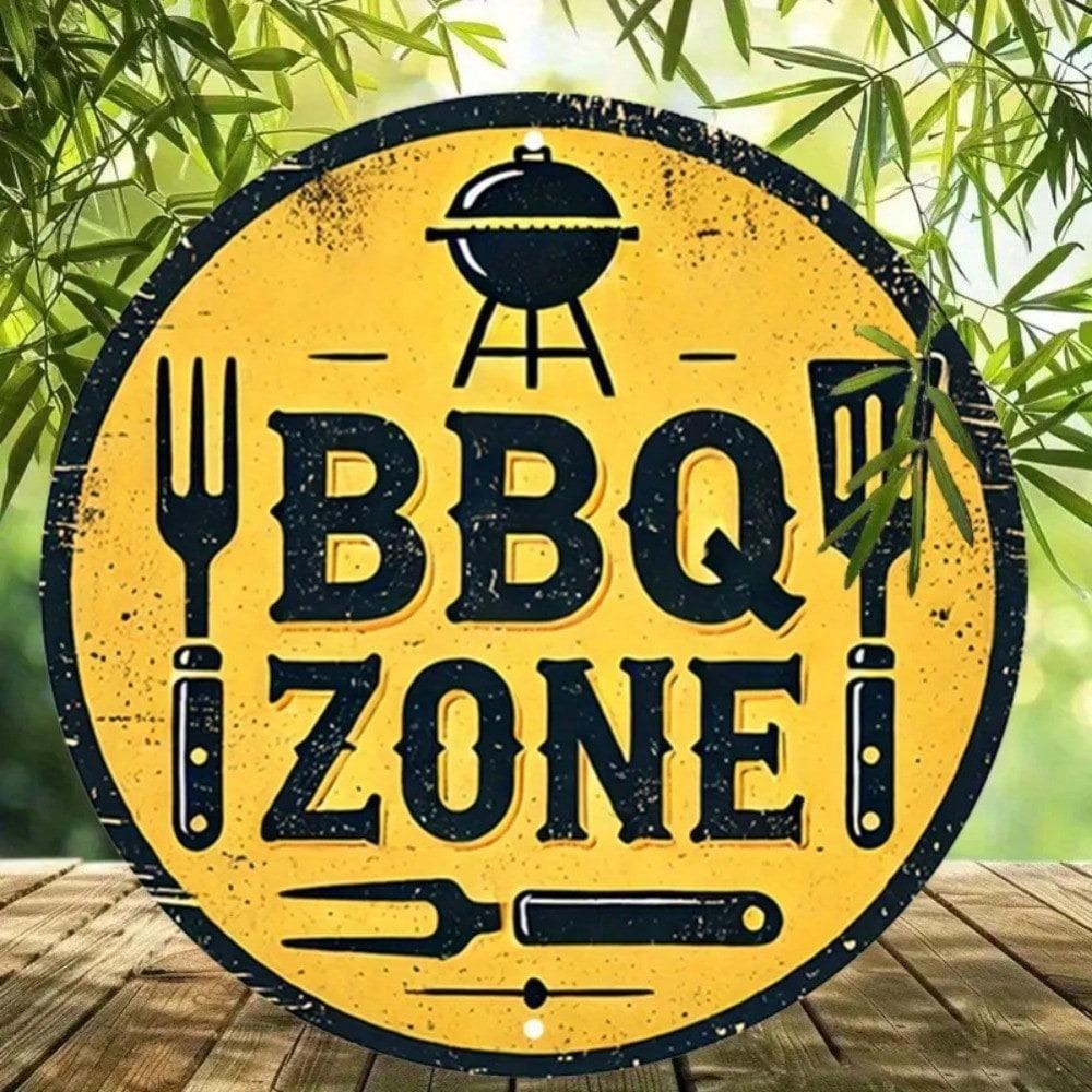 Metal Wall Art Aluminum BBQ Sign Round Shape Rustic Kitchen Decor