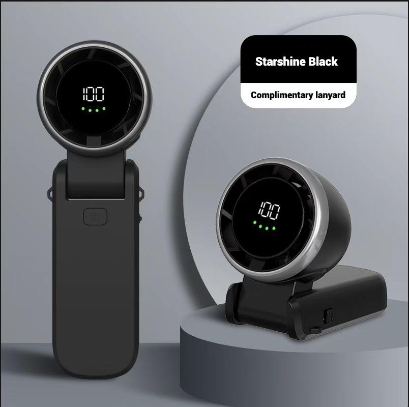 

100-скоростной высокоскоростной мощный ручной вентилятор Складной портативный турбинный мини-вентилятор для подвешивания на шею чёрный