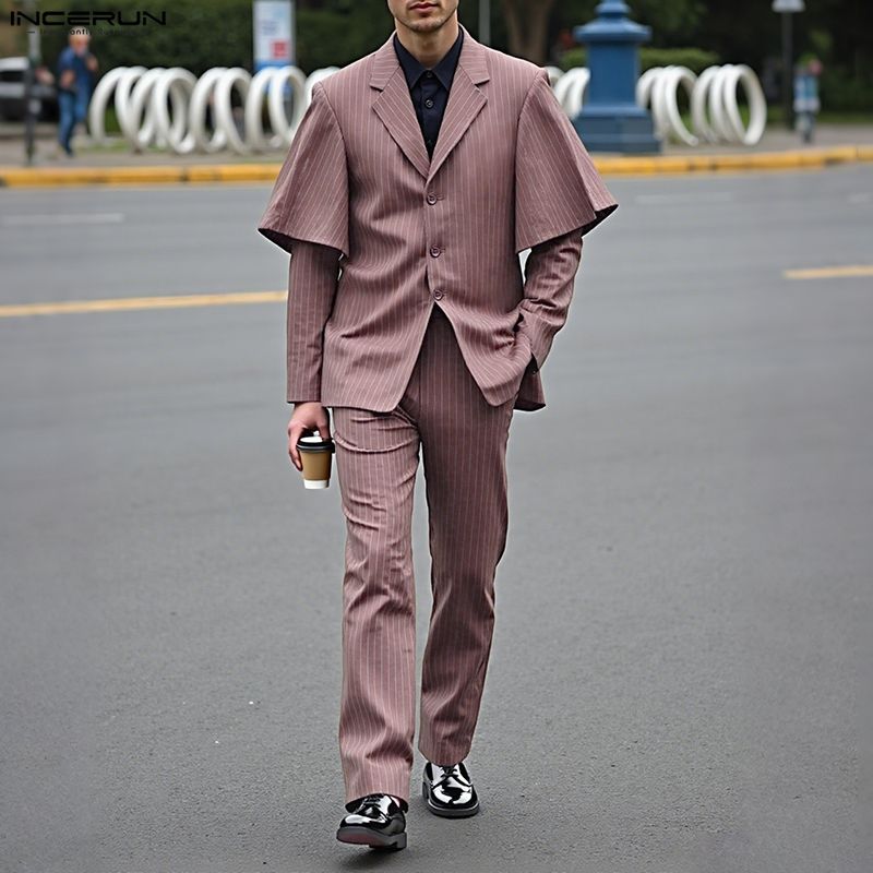 INCERUN Men Sets Layers Long Sleeve Striped Tops and Long Pants Casual Suits