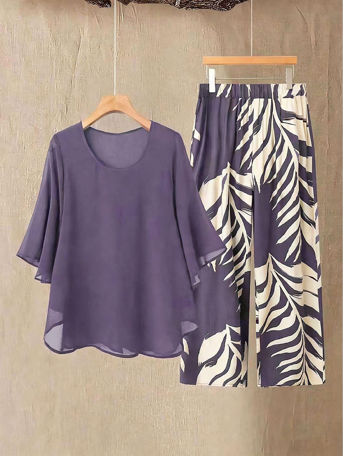 

Women s Black V-Neck Chiffon Two Piece Set with Animal Print Wide Leg Pants XXL фіолетовий