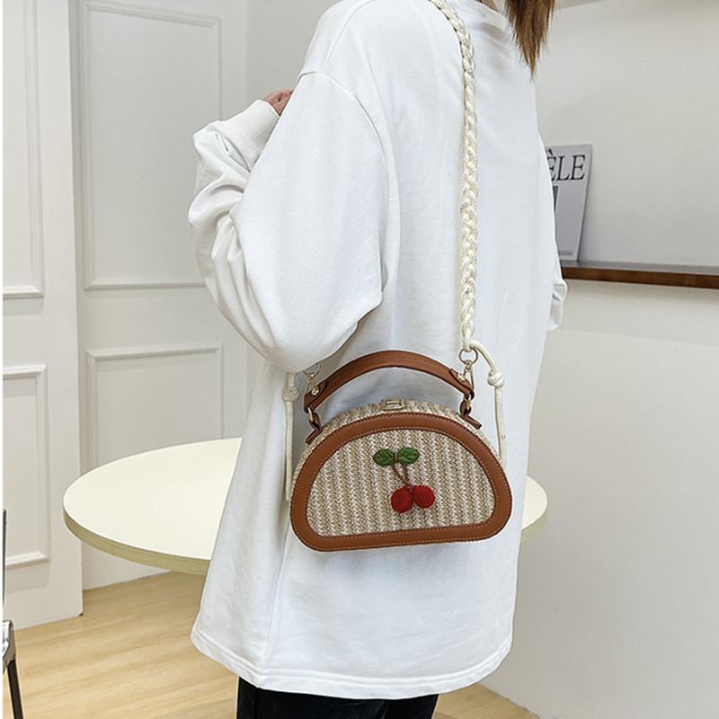 2025 Fashion Design Cherry Pattern Creative Straw Woven Patchwork Small Handbags Cute Crossbody Shoulder Bag Travel Beach Bag
