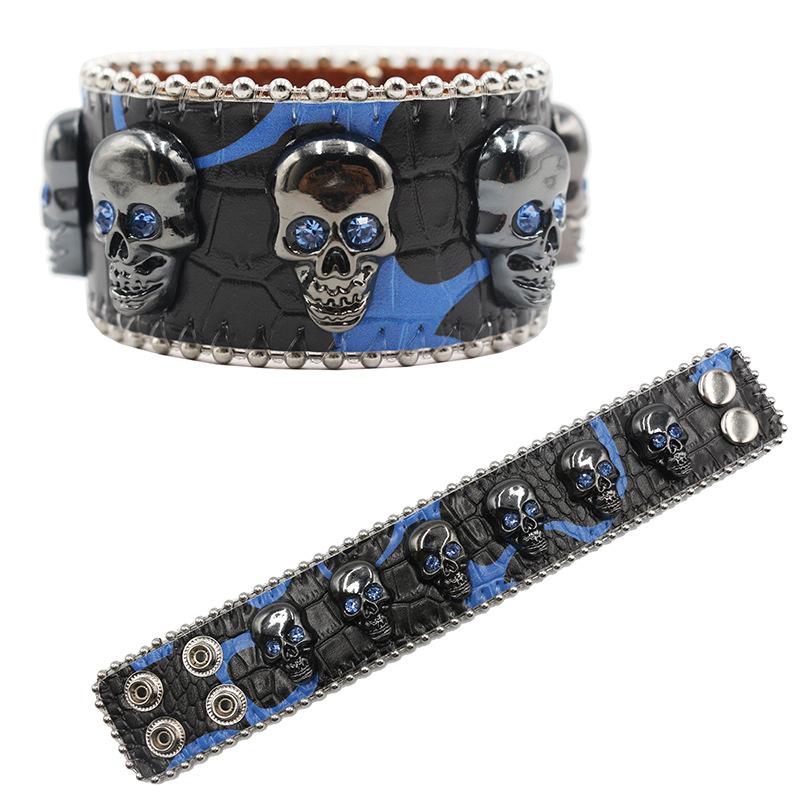 Trendiges Punk Totenkopf Schnallen Strass Armband, Personalisiertes PU Leder Armband