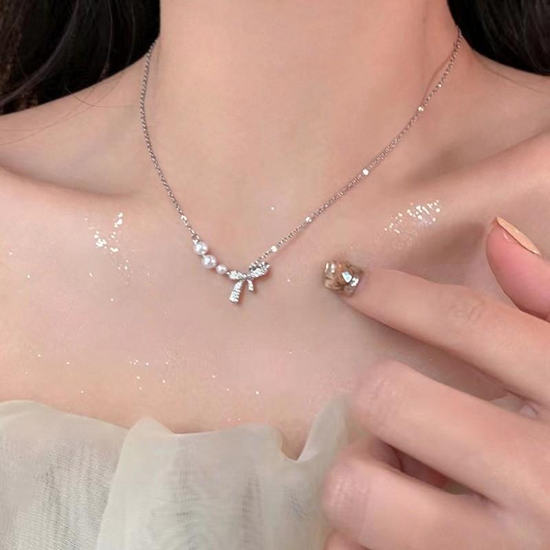 iF ME Butterfly Knot Artificial Pearl Necklace for Woman Silver Chain Pendant Necklaces Accessories Jewelry