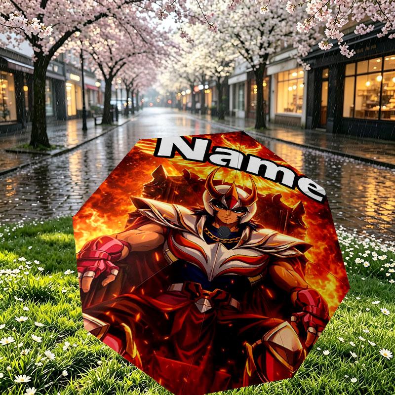 Custom Name Personalized Saint Seiya Print Umbrella, Auto Open Close, 8‑Rib Sturdy Frame, Commute Camping Hiking Use, Birthday Gift