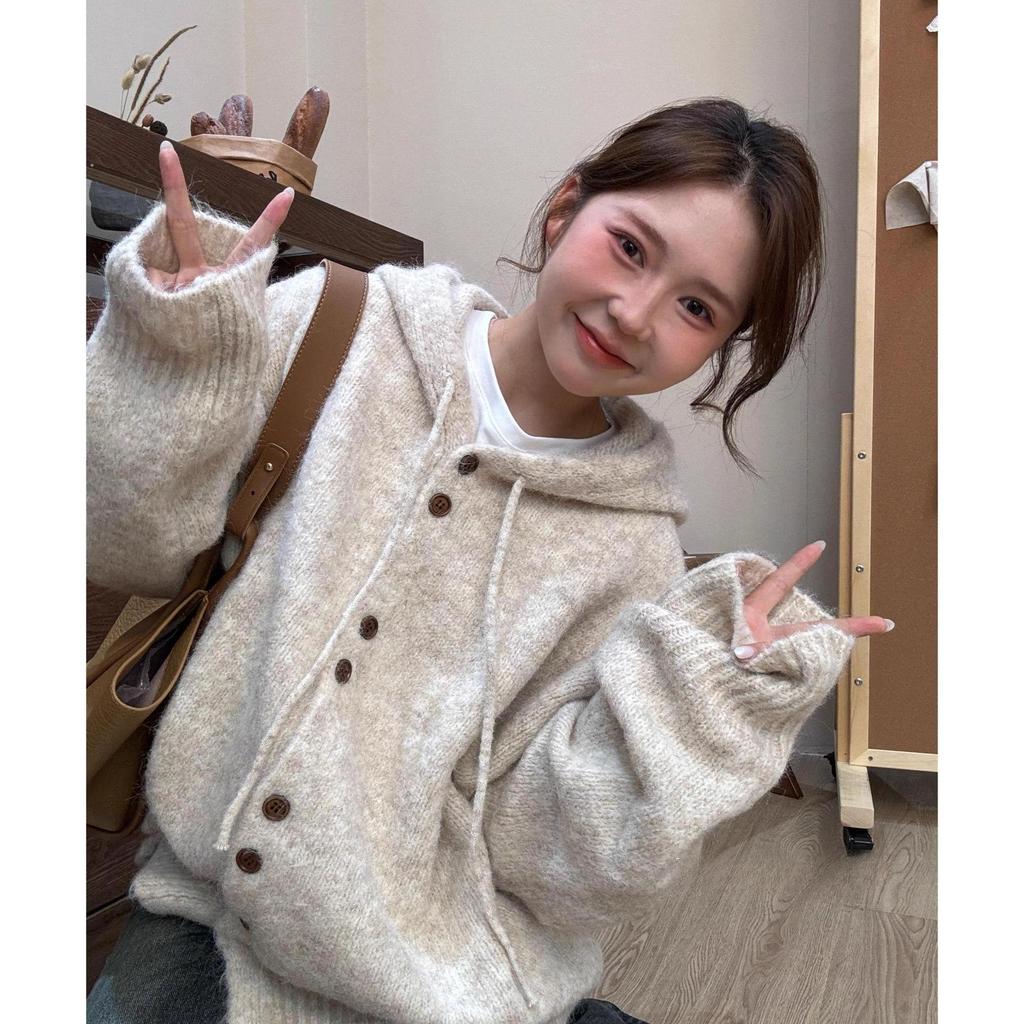 Women's Thick Knit Hooded Cardigan - Autumn/Winter Korean Style Loose Fit Sweater Coat