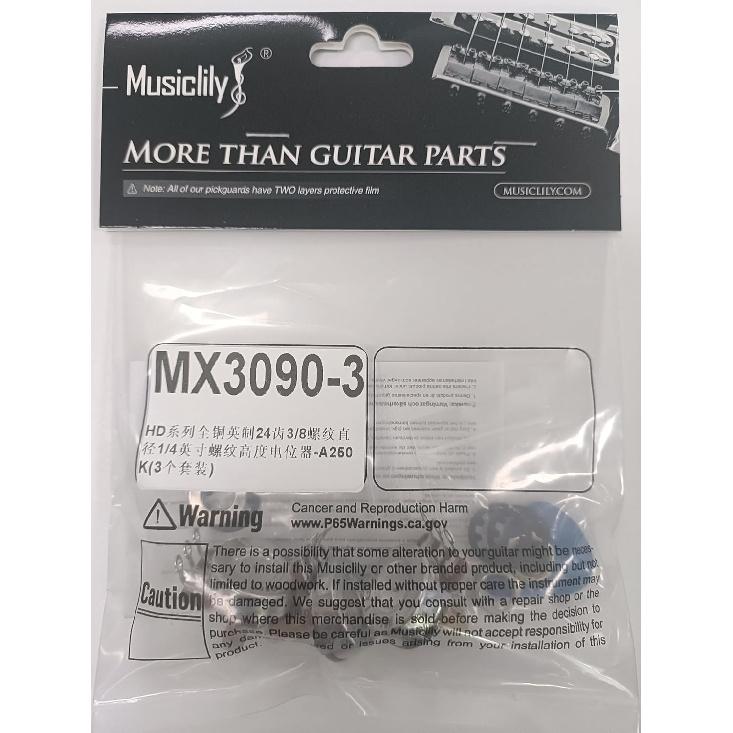 Musiclily Pro HD A250K Full Brass Inch Sized Fine 24-Spline Split Shaft Pot Audio Taper Potentiometers for Electric Guitar Bass (Set of 3)