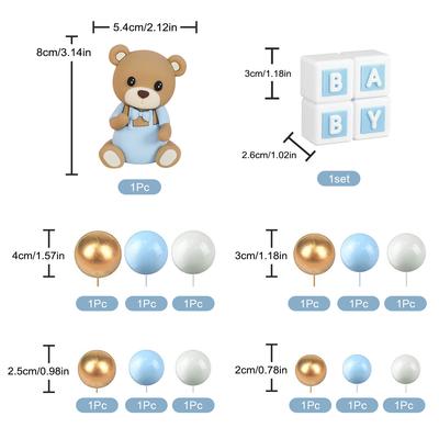 Toppery na tort Misia, Dekoracje na tort Misia ze złotą, niebieską, białą perłową kulką na Baby Shower, niebieskie materiały imprezowe z motywem Misia