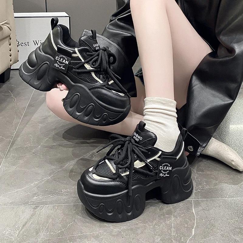 Fashion New Fashion Chunky Sneakers Women Spring Autumn Lace Up Platform Sports Shoes Woman 8CM Thick Bottom High Heels Female Sneakers