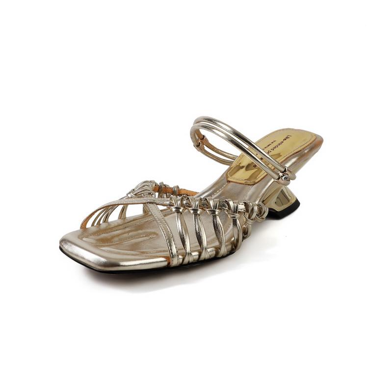 

Fashion NEW Summer Women Sandals Split Leather Shoes for Women Open Toe Ankle Strap Shoes Square Toe Strange Heel Narrow Band Sandals 34 золотой