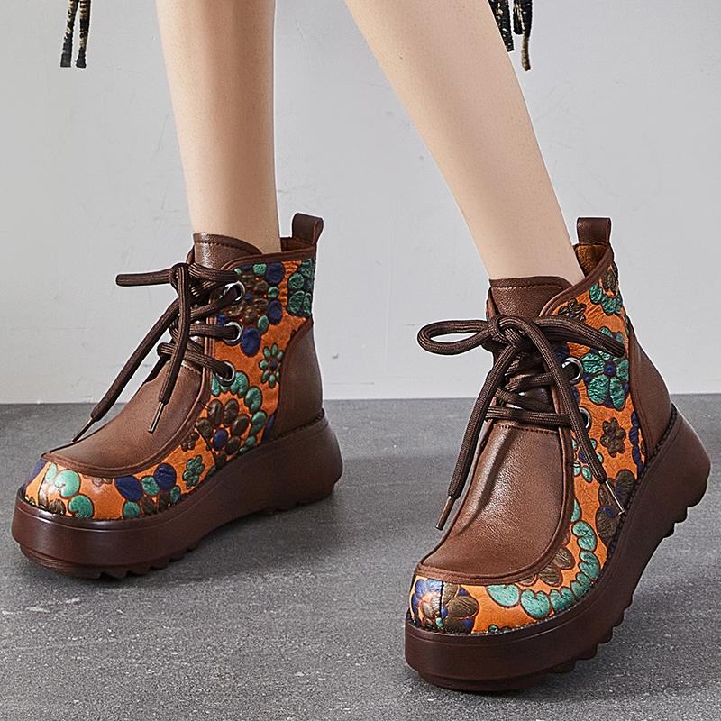 Fashion GKTINOO Genuine Leather Women Boots Retro Shoes 2024 New Autumn Winter Print Round Toe Lace-up Handmade Concise Platform Boots