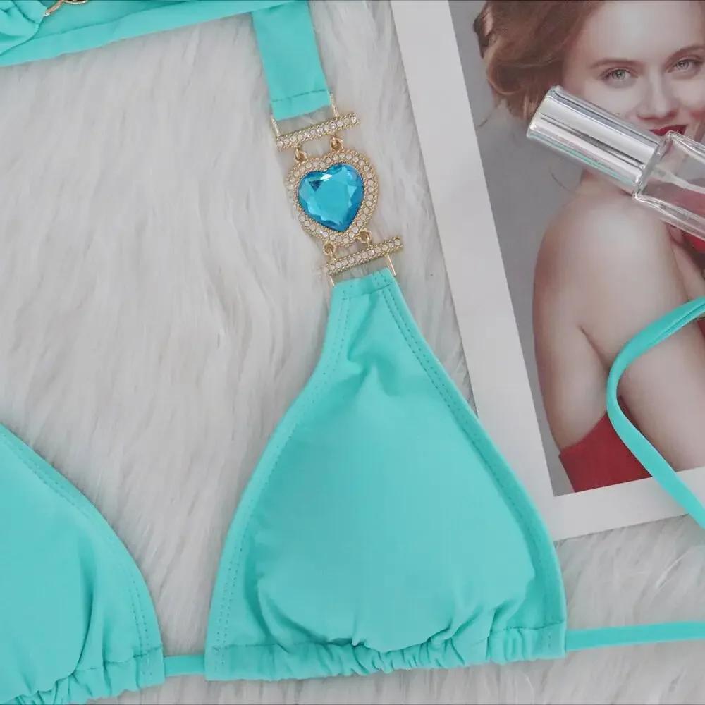 Diamond Thong Swimwear Metal Chain Bathing Suit Band 3 Piece Swimsuit Sexy Rhinestones Bikini 2024 Mujer Women Solid Red Glitter