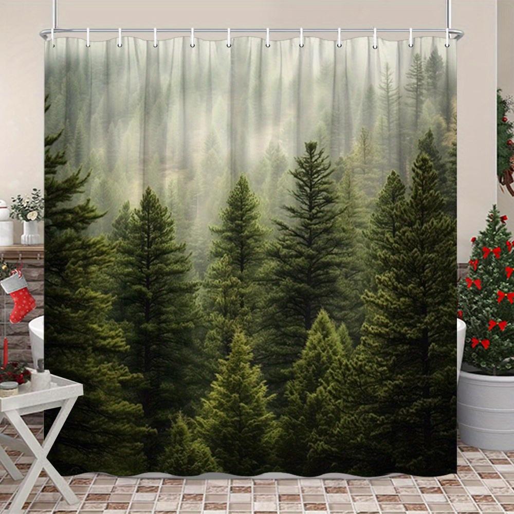 

Dark Green Pine Forest Shower Curtain Misty Trees Landscape Print Polyester Bath Curtain With 12 Hooks For Nature Decor W60H190(CM)-1 Pcs