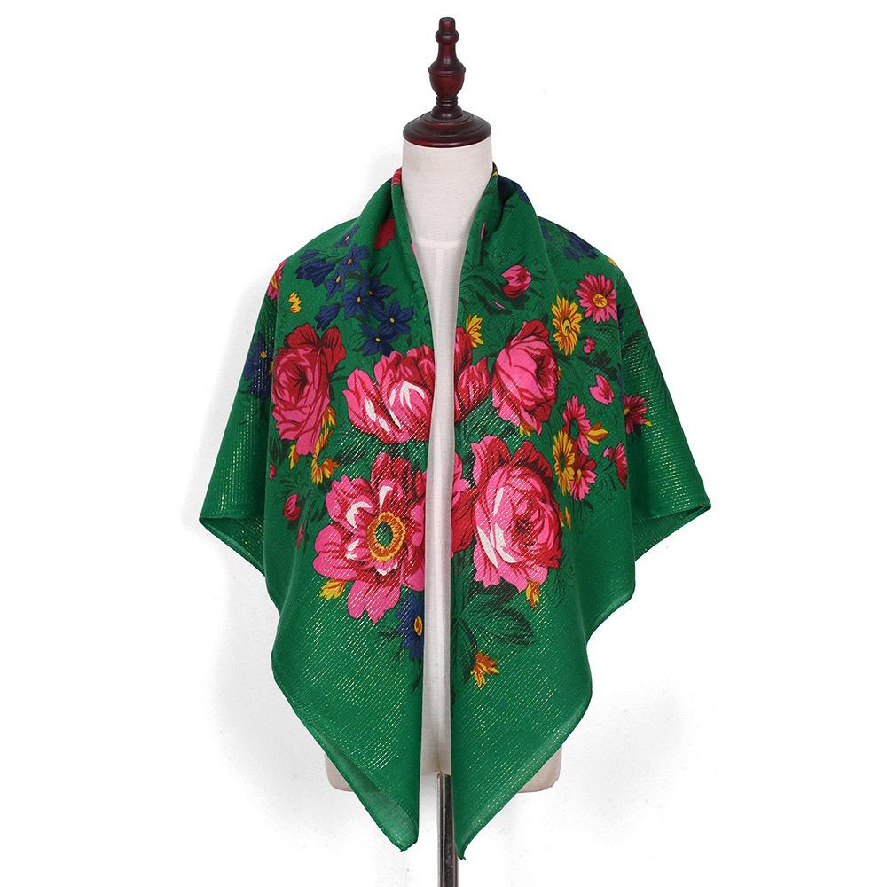 110*110Cm Golden Silvery Wire Russian Square Scarf Women Luxury Floral Print Handkerchief Ethnic Shawl Babushka Bandana Scarves