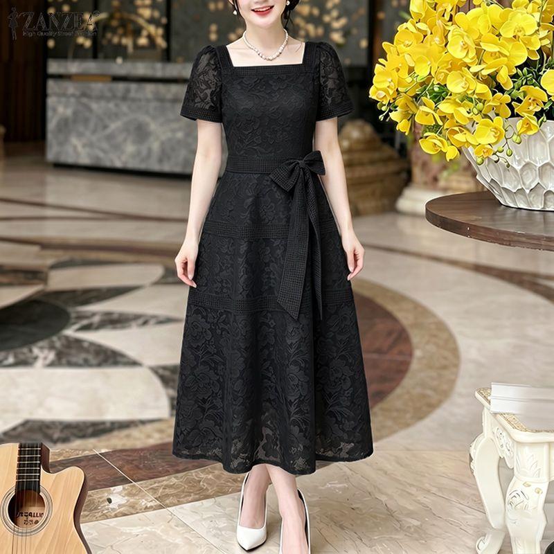 ZANZEA Women Elegant Square Collar Short Sleeve Lace Patchwork Dress