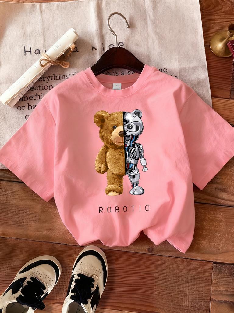 Plush And Robotic Bear Prints T-Shirts Women Casual Loose Short Sleeve Tops Soft O-Neck T Shirt Summer Comfortable Woman Clothes