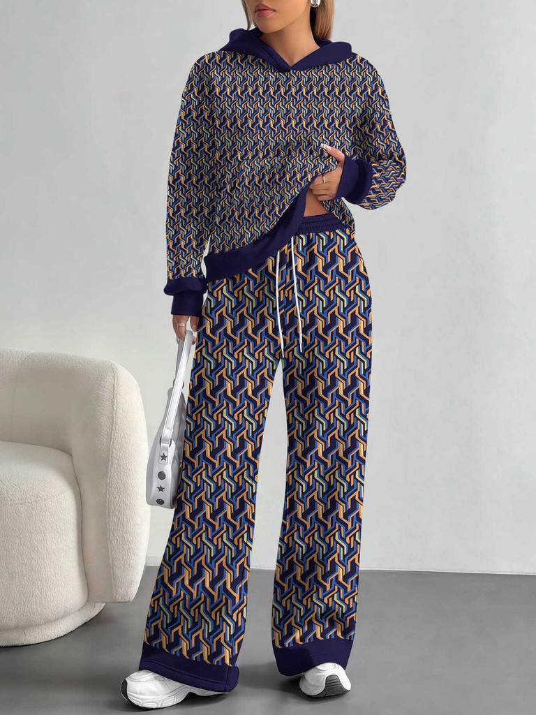 Striped European And American Autumn Casual Geometric Figure Long-Sleeved Suit Women'S Hooded Sweater Trousers Two-Piece Set