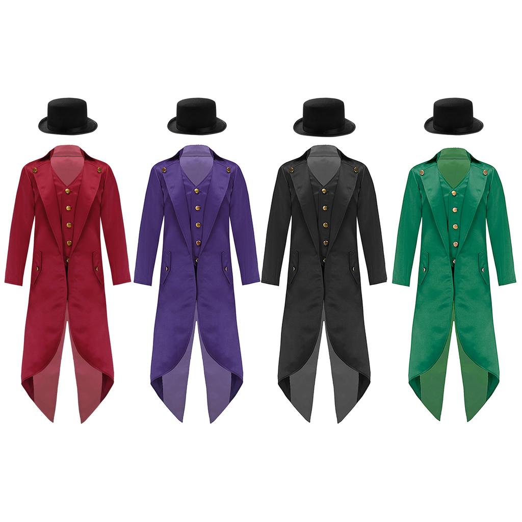 Kids Victorian Tailcoat Jacket Fake Two Piece Gold Buttons Renaissance Costume Magician Ringmaster Party Dress