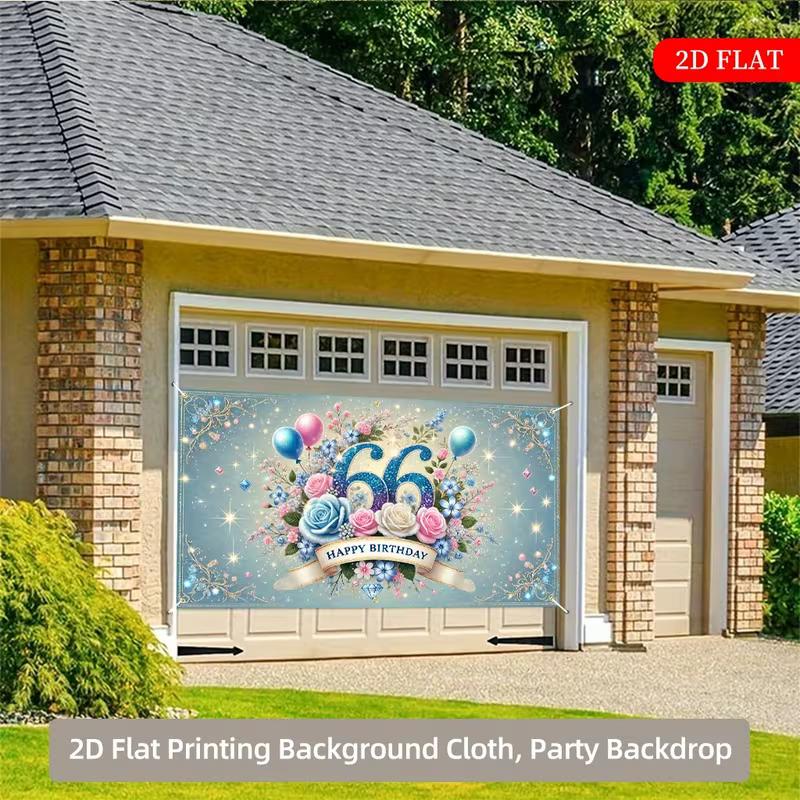 2D Flat Printed 66th Birthday Backdrop, Light Blue Floral & Balloon Garage Door Banner