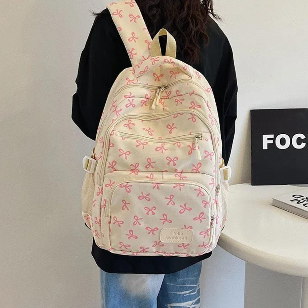 3 Pcs/Set Fashion Large Capacity Bow Backpack Nylon Adjustable Strap Student Backpack Bow Print School Bag