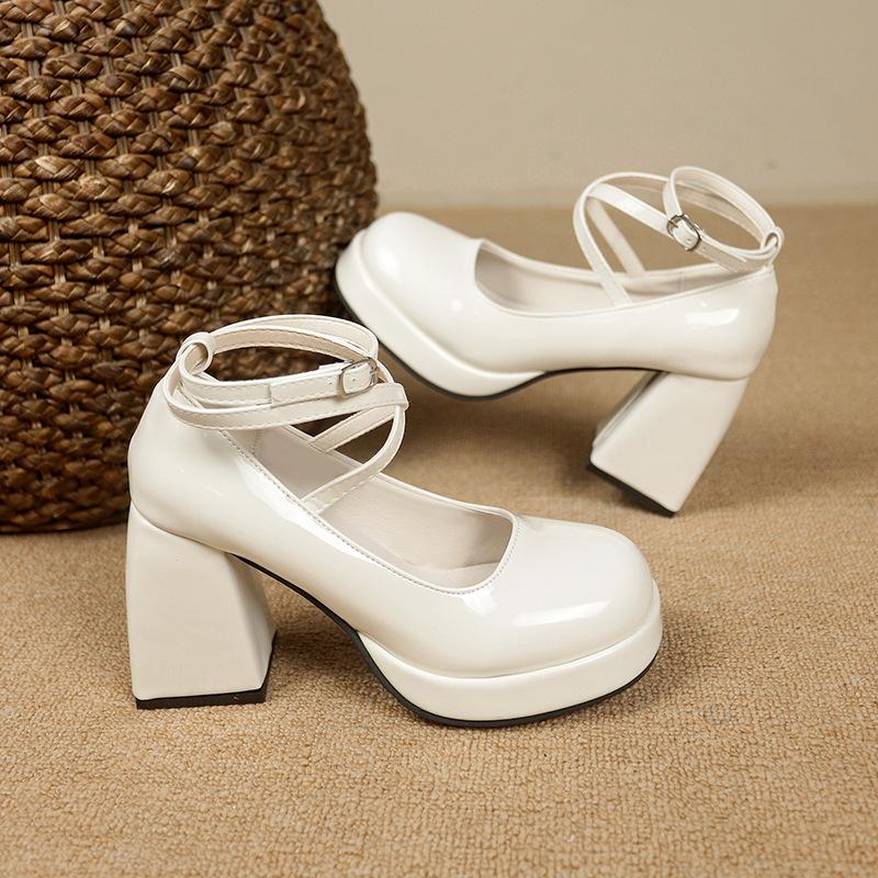 High heels women's wedding shoes with Mary Jane shoes waterproof table thick heel single shoes beige temperament bridesmaid shoes