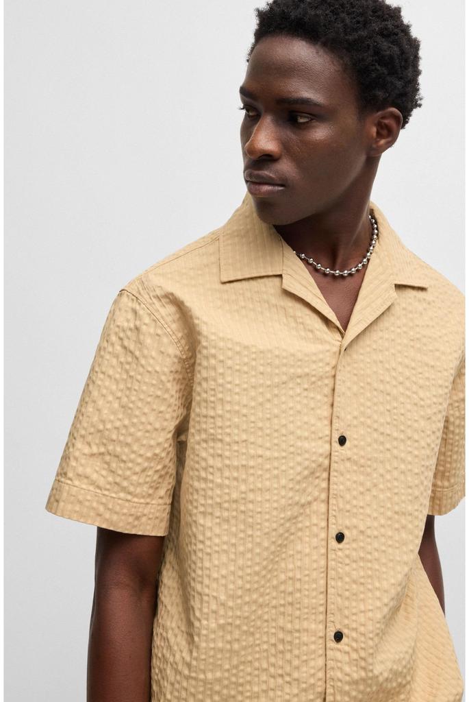 Overfit Cotton Beige [HUGO] Shirt, Seersucker, Men's, S,