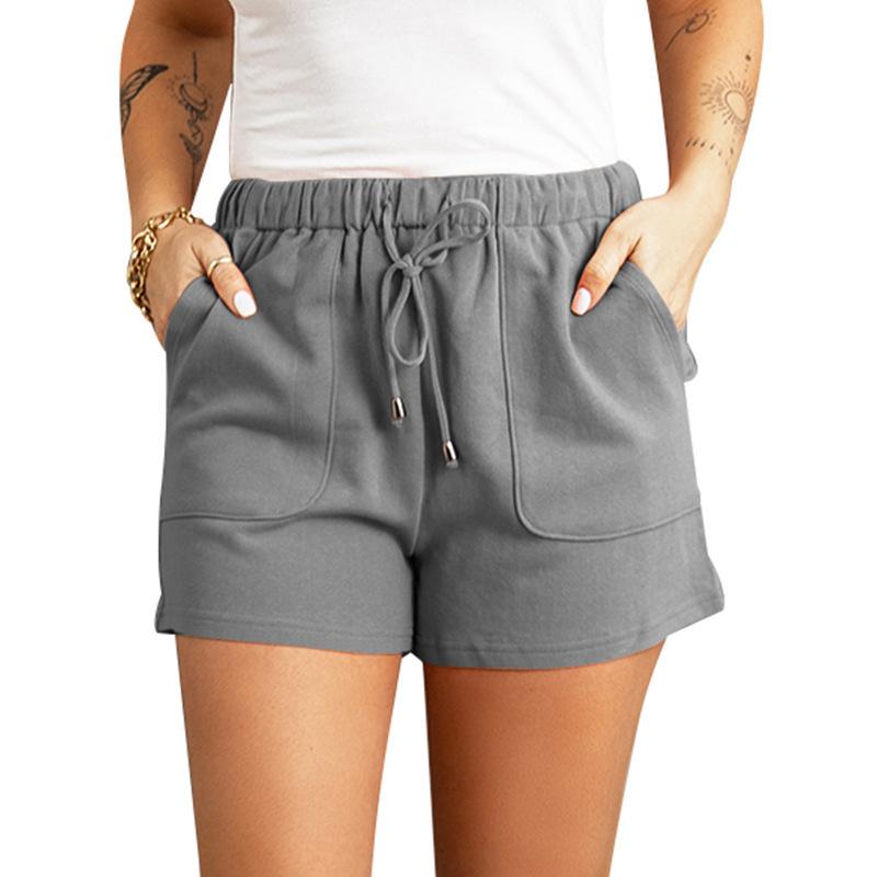 Women Solid Color High Waist Loose Straight Drawstring Casual Summer Shorts