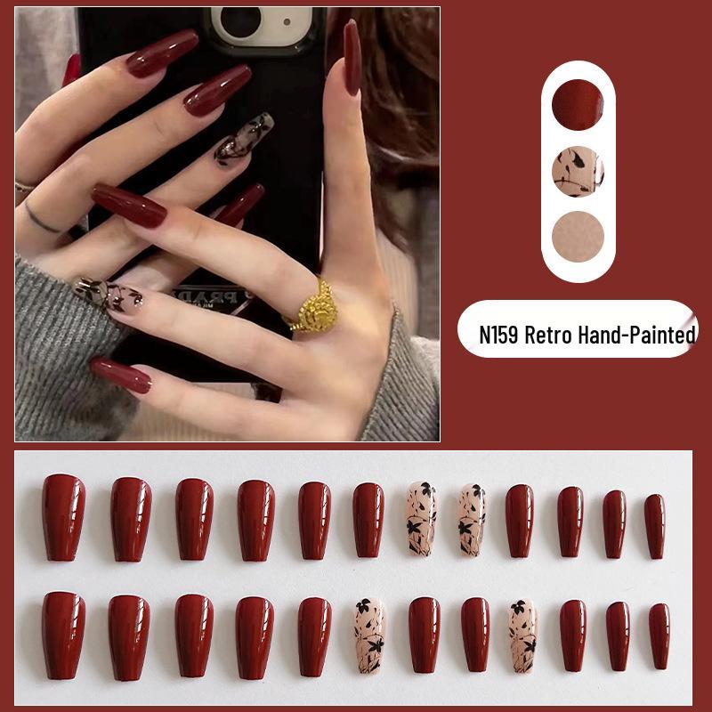 

Премиальные накладные свадебные ногти в стиле «вишня» с отбеливающим эффектом для Нового года N159 Vintage Hand-Painted [With Glue]