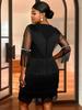 Plus Size Black Pearl Tassel Evening Gown with See-through Sleeves & Waist-Cinching Design