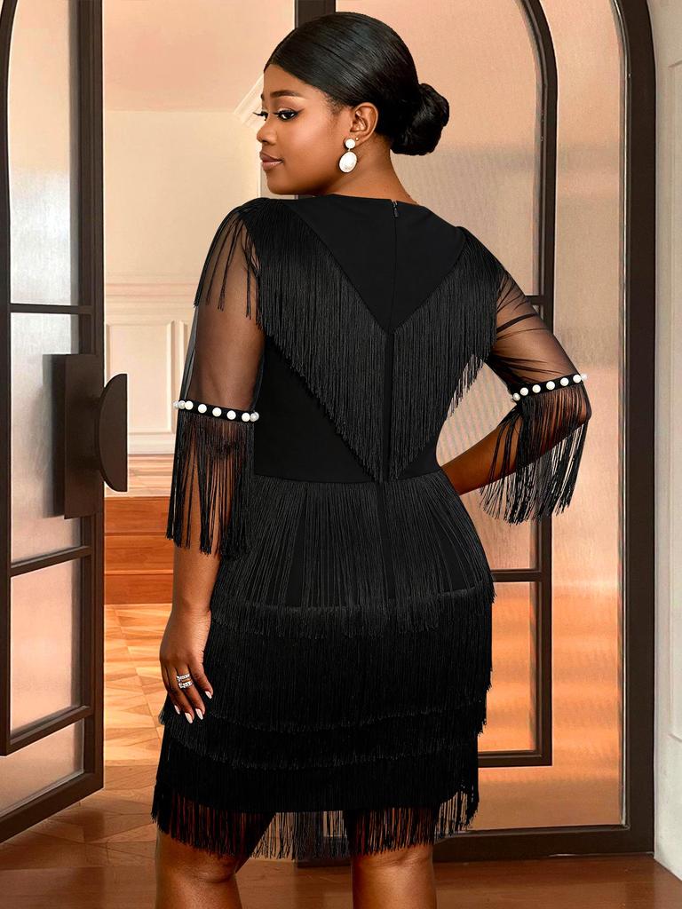 Plus Size Black Pearl Tassel Evening Gown with See-through Sleeves & Waist-Cinching Design