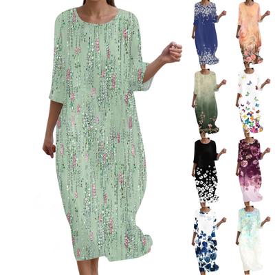 Women's Fashionable Printed Round Neck Seven Quarter Sleeve Loose Dress
