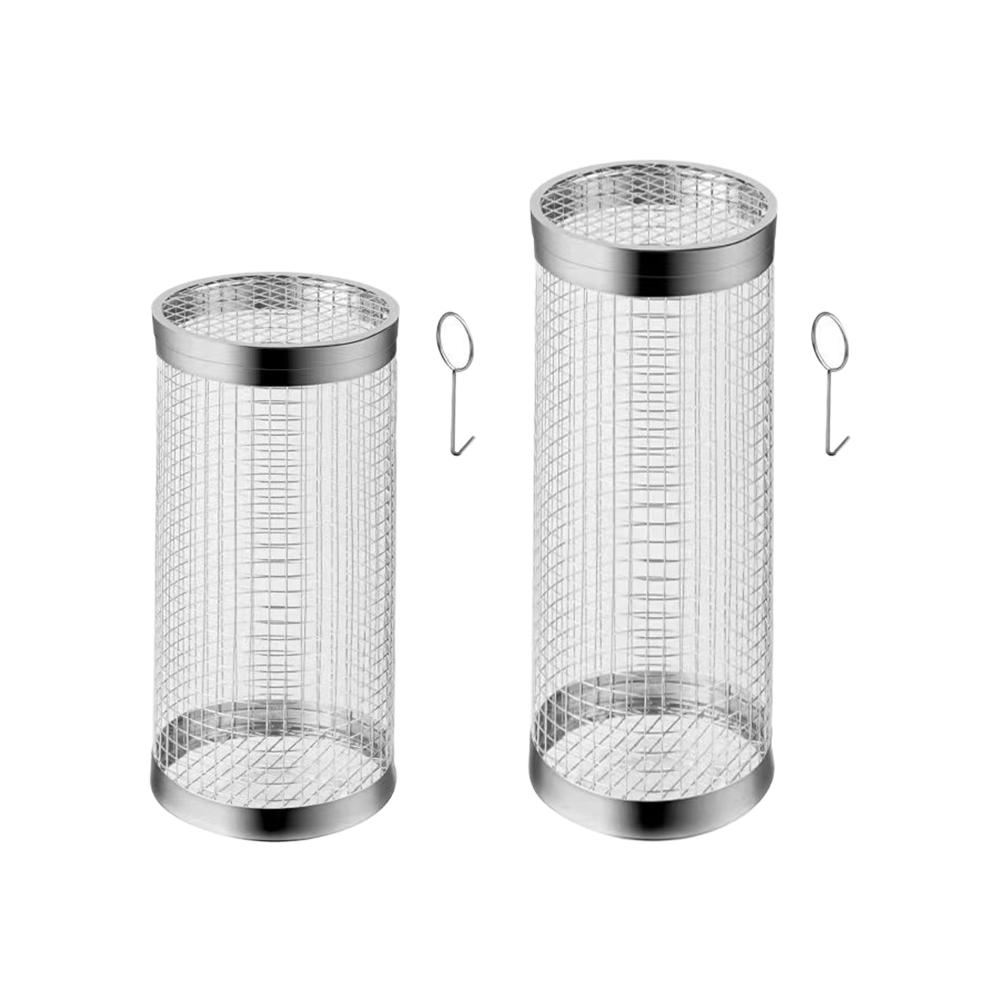 Round BBQ Basket Stainless Steel Rolling Grilling Basket Wire Mesh Cylinder Grill Basket Portable Outdoor Camping Barbecue Rack
