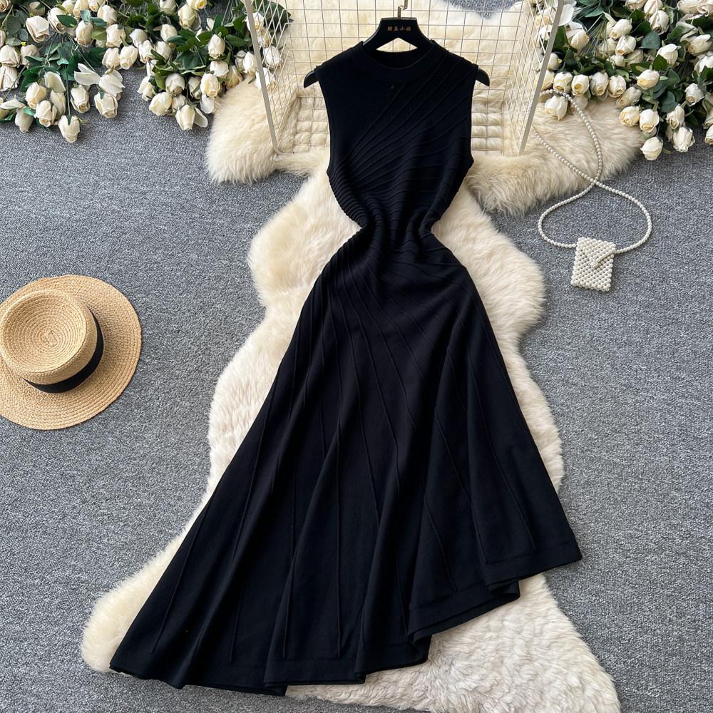 French light luxury sleeveless knitted irregular dress women's summer retro A-shaped skirt, thin temperament commuter dress