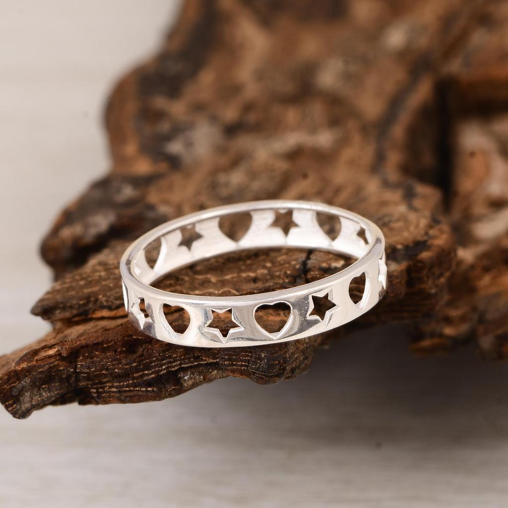 Heart Star Ring, Cutout Heart Star Band Ring, Minimalist Silver Band, Celestial Heart Ring, Dainty Everyday Ring, Gift for Her