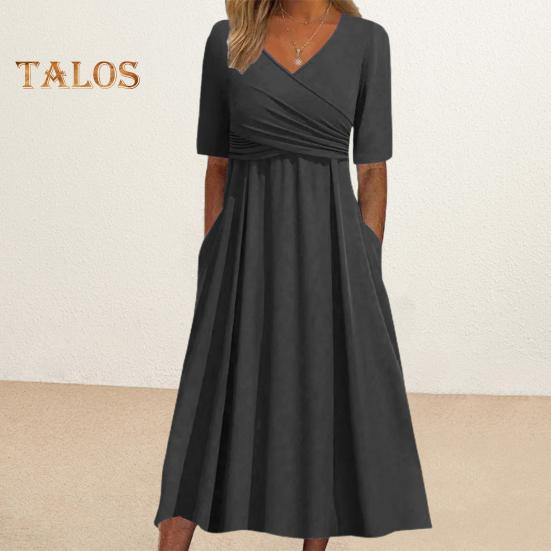

Summer Women Dress Cross Pleated V Neck Short Sleeves A-line Big Swing Pure Color OL Commute Style Mid-calf Length Lady Midi Dress