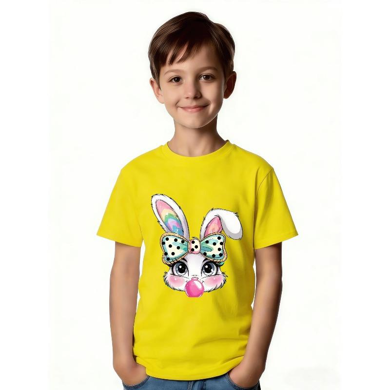 European Size Childrens Round-neck Short-sleeved T-shirt with Rabbit Pattern Print