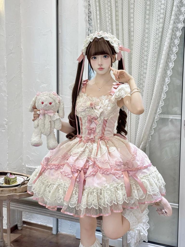 Jundakara Lolita Cosplay Costume JSK Dress with and French Mori Princess Korean Size L 3-Piece Set, Ribbon, Ruffles, Lace-Up Detail, Cute, Dreamy,