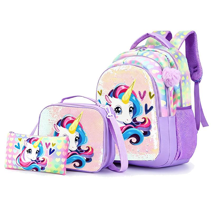 3Pcs Unicorn Mermaid Backpack Set with Lunch Bag Pencil Case Multi-Pocket Large Capacity School Bag for Girls