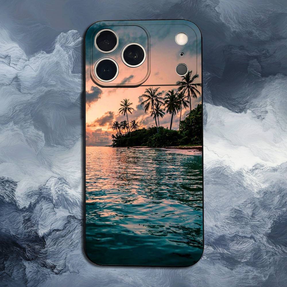 Sea Palm Trees Beach For iPhone 13,16,11,14,17,12,15,Plus,Pro Max,XS,X,XR,SE,Mini,8,7,Phone Case Soft Silicone Black