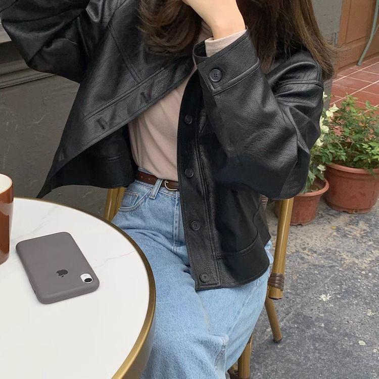 Women's European Style Brown PU Leather Jacket - Retro Petite Spring/Autumn 2025