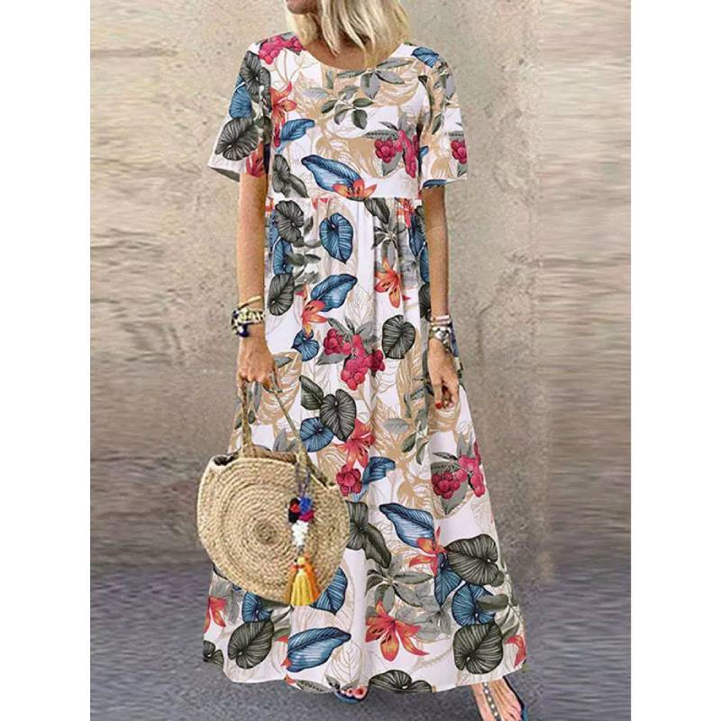 Vintage Floral Print Long Dress With Round Neck And Short Sleeves For Casual Summer Wear