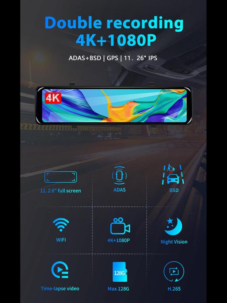 4K 12" Full-Screen Rearview Mirror with Dual-Recording Dashcam, Front ADAS, Rear BSD