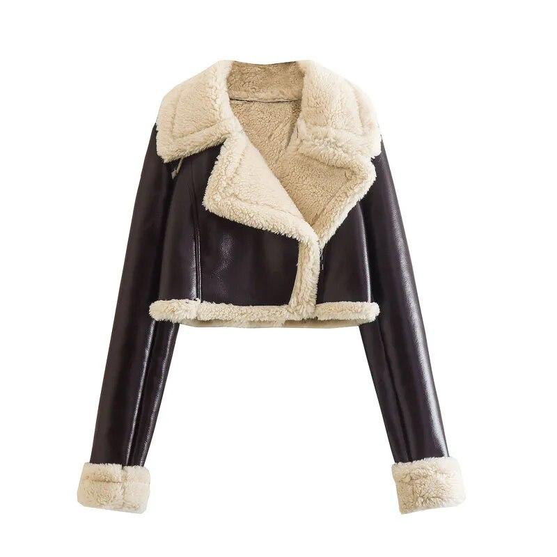 Abrigo corto de lana de cordero con solapa para mujer, chaqueta de mujer con cremallera de doble cara para otoño e invierno, Tops gruesos y cálidos de lana para mujer, prendas de vestir