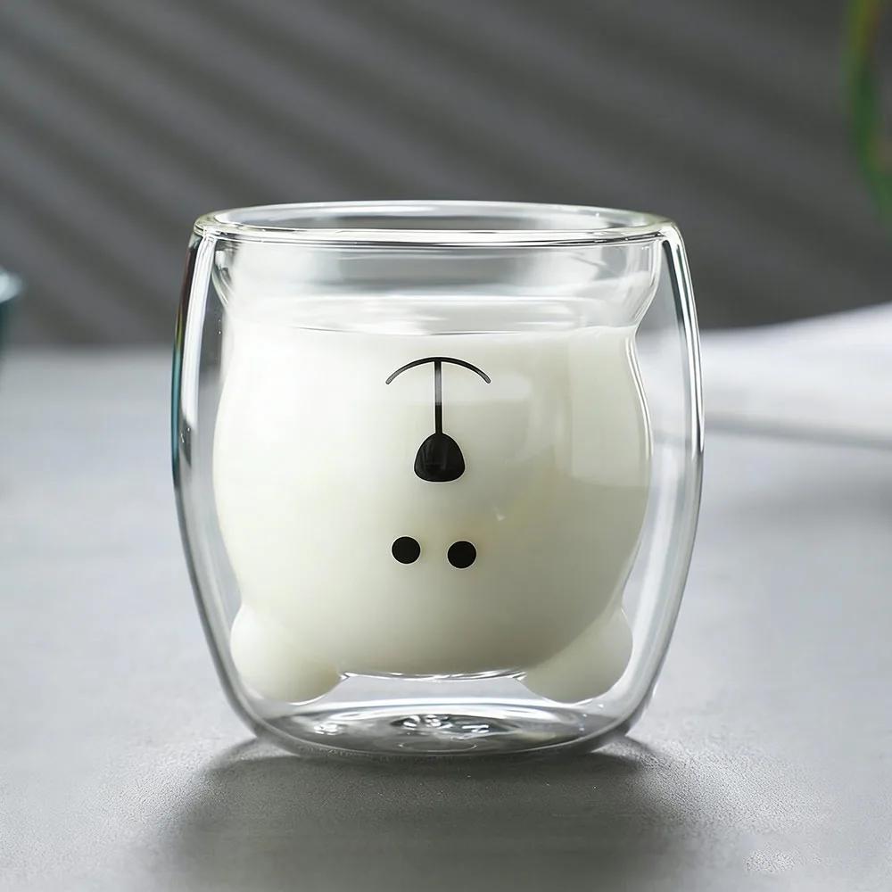 250-300ml Cat Mugs Double Glass Cup Large Capacity Portable Bear Cartoon Coffee Cup Tea Cups with Handle Glass Water Milk Mug