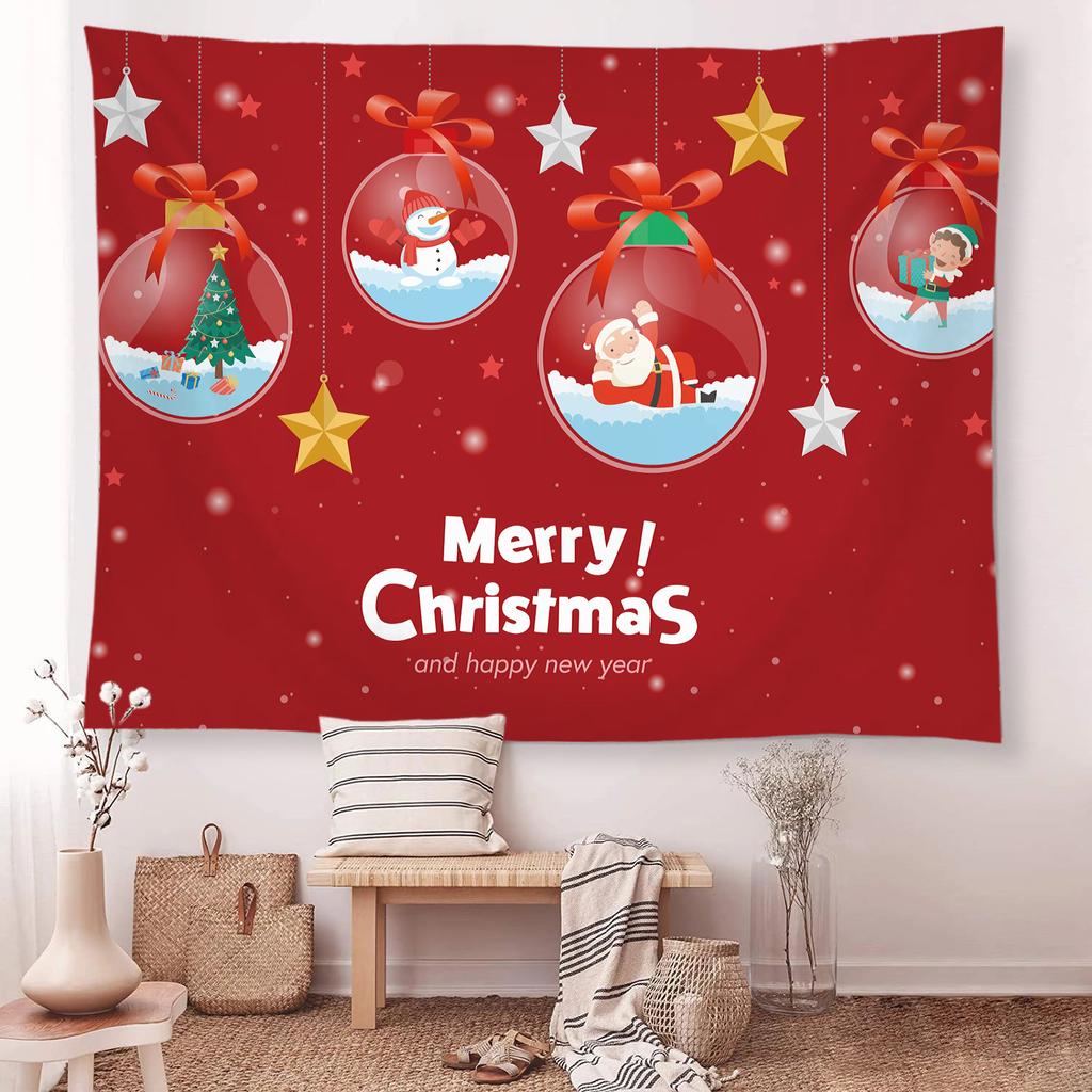 Snow Christmas Tree Fireplace Santa Claus Print Tapestry Wall Hanging Background Cloth Decor Christmas Home Room Wall Decoration