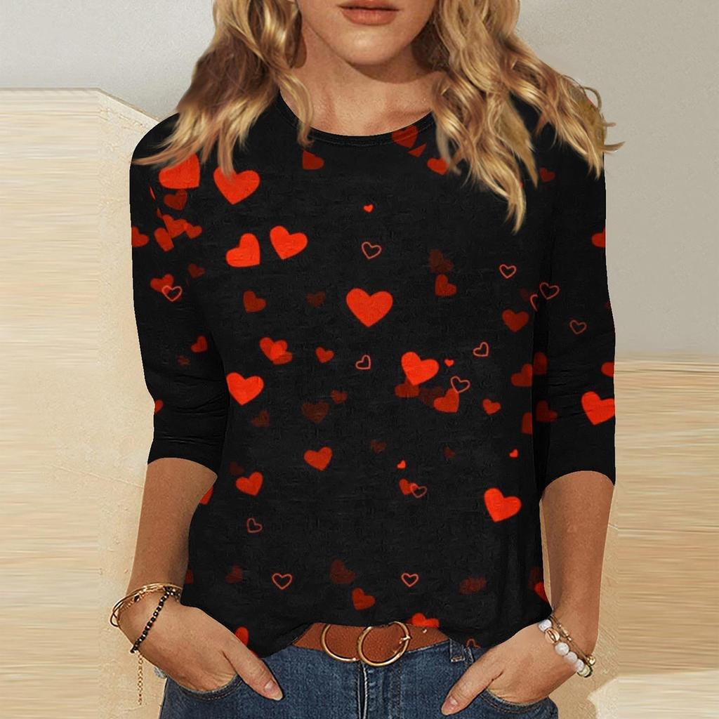 Women's Fashion Casual Round Neck 3/4 Sleeve Loose Printed T-Shirt Ladies Top