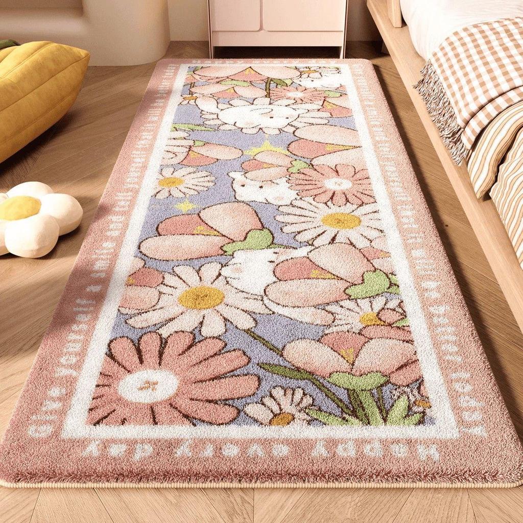Ins Fresh Bedroom Rug: Cute Flower Design, Cool & Dirt-Resistant, Thick Non-Slip Foot Mat for Bedside or Coffee Table.